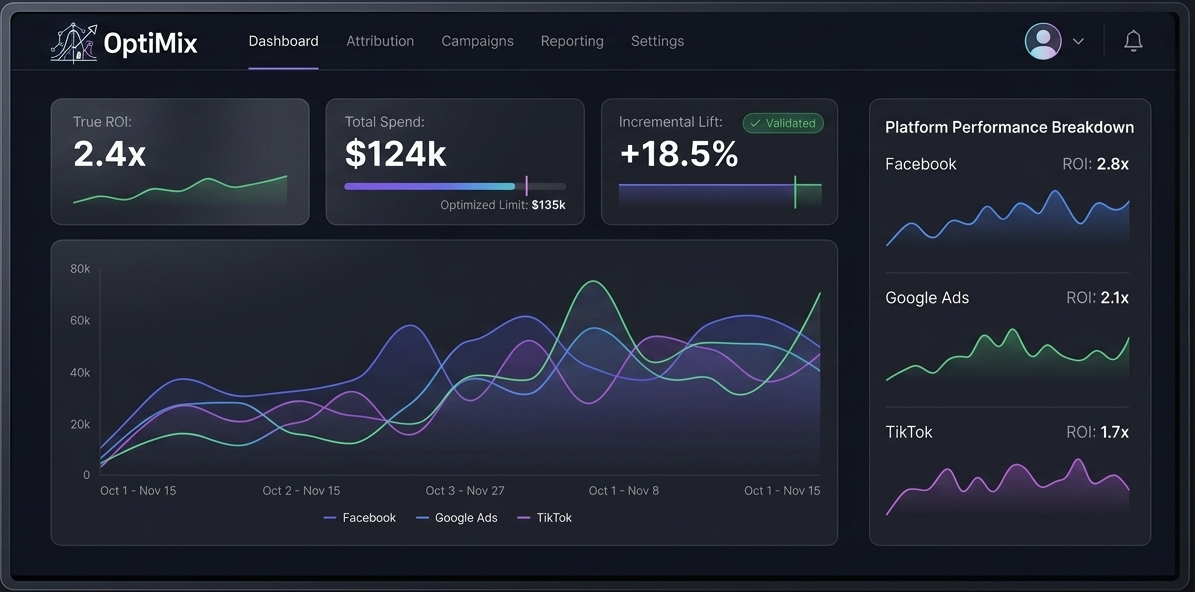 OptiMix dashboard showing channel contribution and budget recommendations
